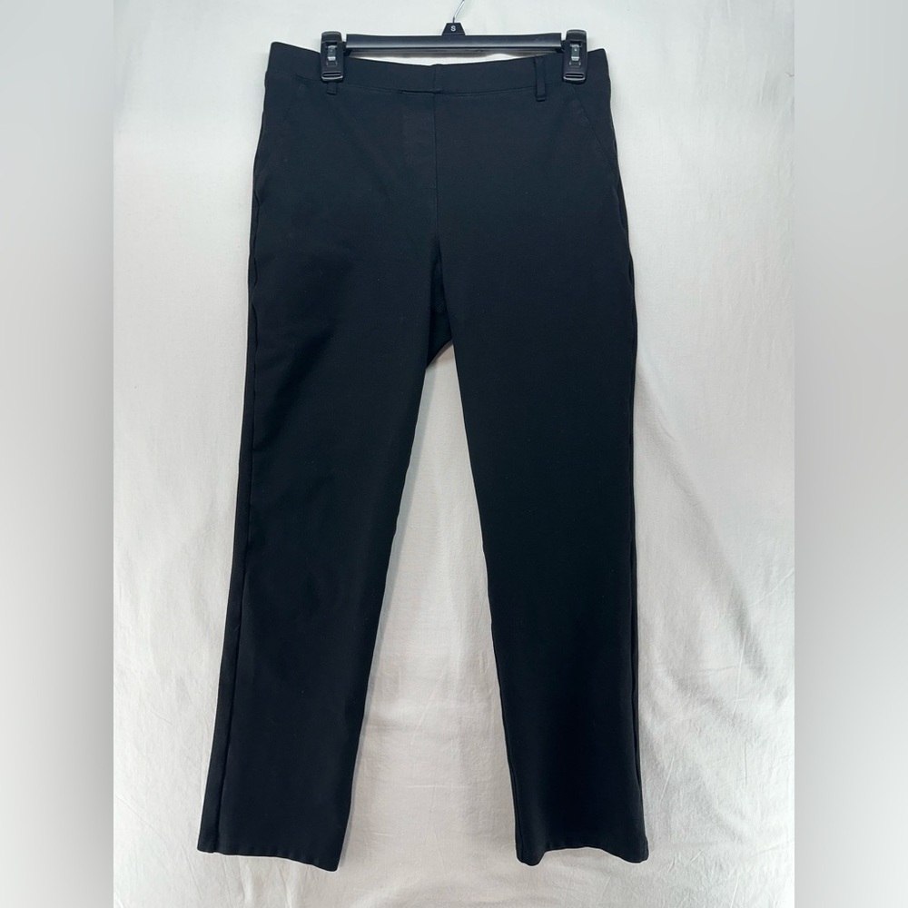 Quince Black Ponte Pants Straight Leg Faux Pockets Womens Size M Petite‎